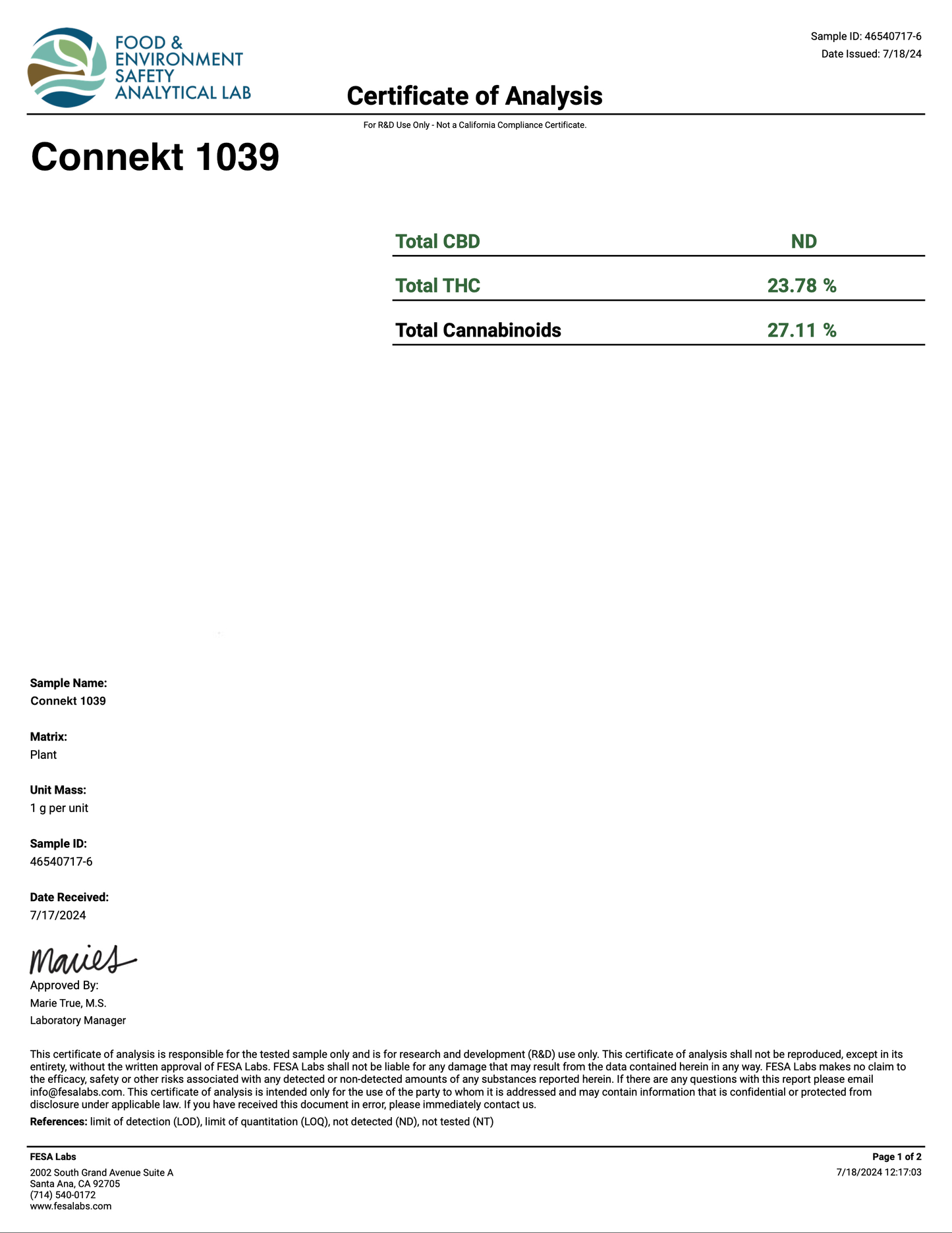 Connekt 1039 Exotic THCa Flower COA