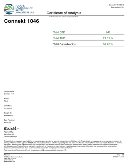 Connekt 1046 Exotic THCa Flower COA